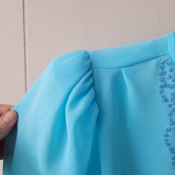 Vintage 70s Blue Sheer Day Dress with Blue Beading White Belt - Picture 5 of 9